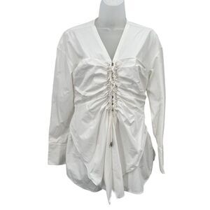 3.1 Phillip Lim Long Sleeve Gathered Front Blouse Shirt Sz 6 White V-Neck Poplin